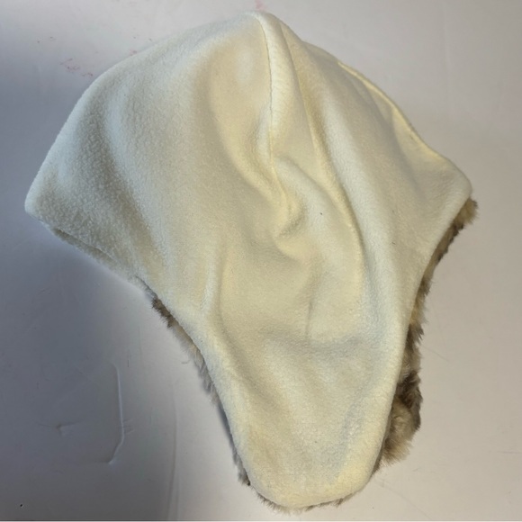 Faux fur animal print ear flaps ears tan cream fleece lined  hat cap - Picture 6 of 8